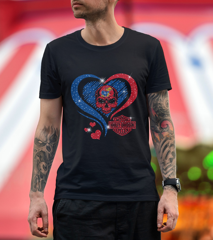 Kansas Jayhawks Harley Davidson Heart Skull T-Shirt