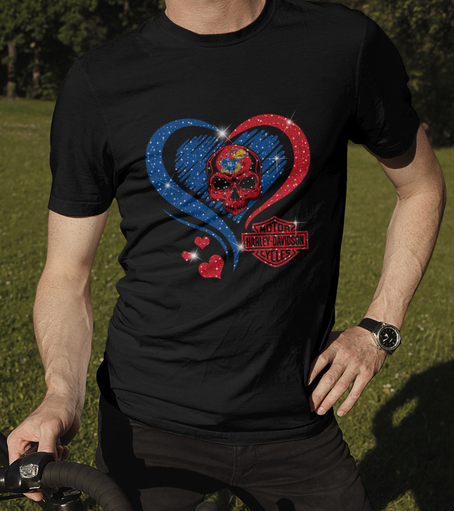 Kansas Jayhawks Harley Davidson Heart Skull T-Shirt