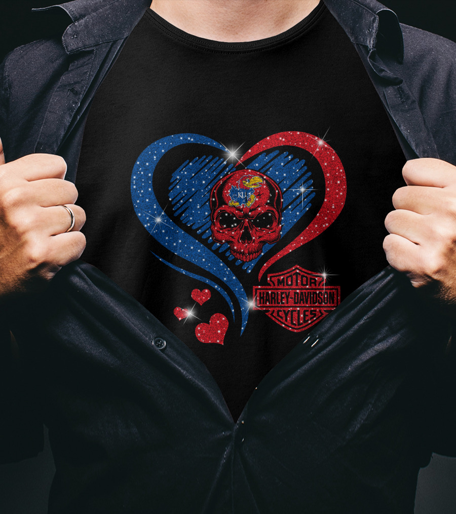 Kansas Jayhawks Harley Davidson Heart Skull T-Shirt
