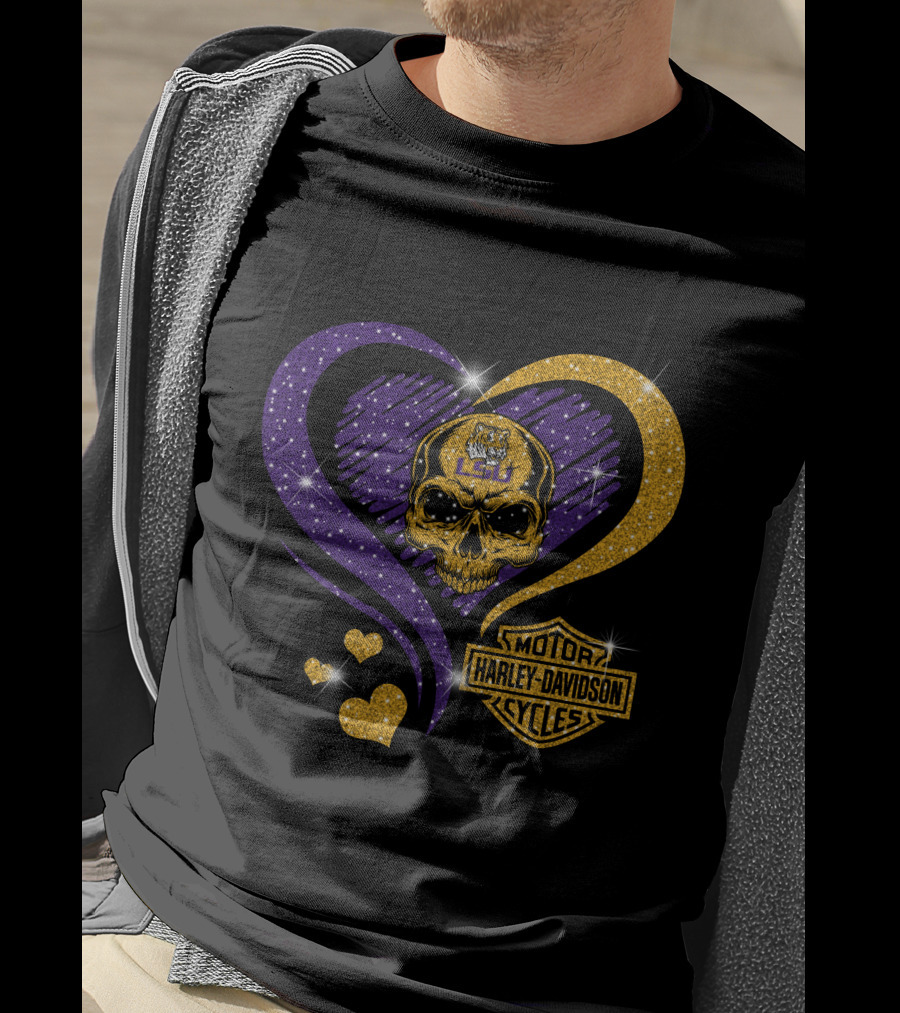 Ncaa Lsu Tigers Skull Heart Harley Davidson Motor Cycles T-Shirt