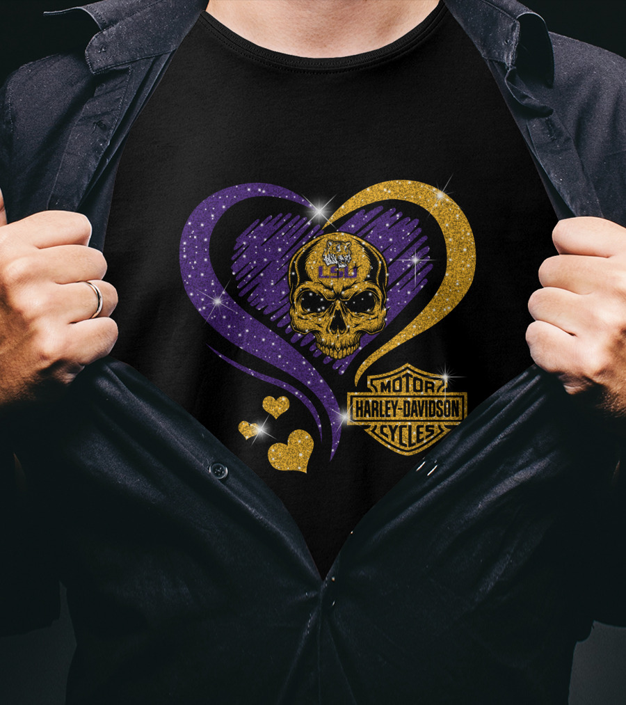 Ncaa Lsu Tigers Skull Heart Harley Davidson Motor Cycles T-Shirt