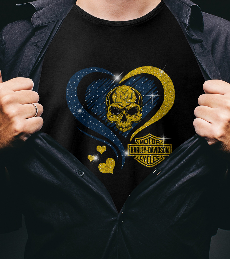 Michigan Wolverines Harley Davidson Skull Heart T-Shirt