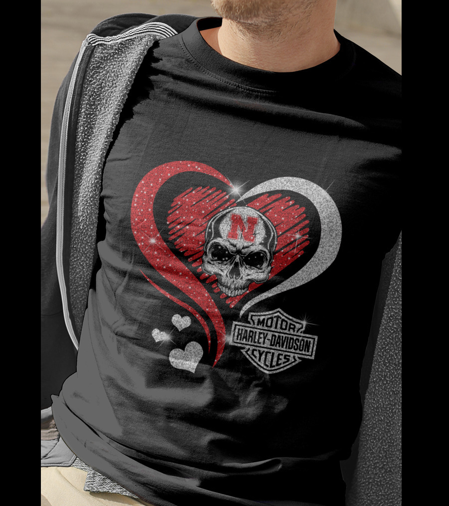 Nebraska Cornhuskers Harley Davidson Skull Heart T-Shirt