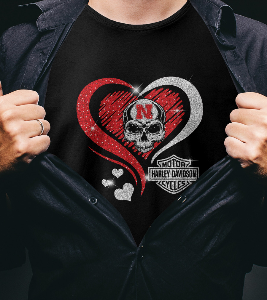 Nebraska Cornhuskers Harley Davidson Skull Heart T-Shirt