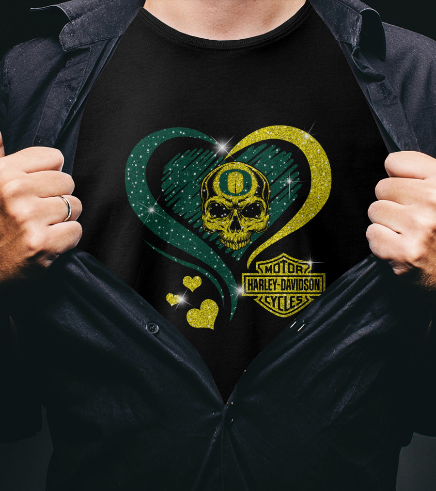 Ncaa Oregon Ducks Skull Harley Davidson Motor Cycles Heart T-Shirt