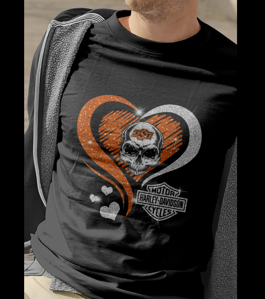 Ncaa Oklahoma State Cowboys Osu Skull Love Motor Harley Davidson Cycles T-Shirt