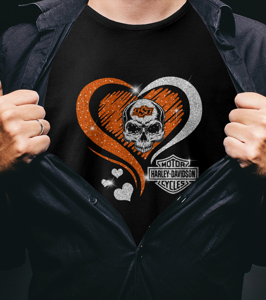 Ncaa Oklahoma State Cowboys Osu Skull Love Motor Harley Davidson Cycles T-Shirt
