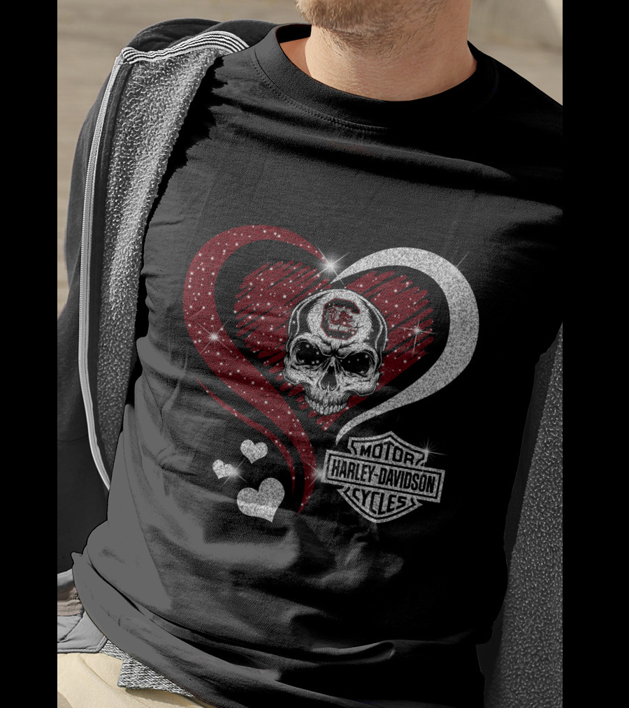 Ncaa South Carolina Gamecocks Skull Heart Harley Davidson Cycles T-Shirt