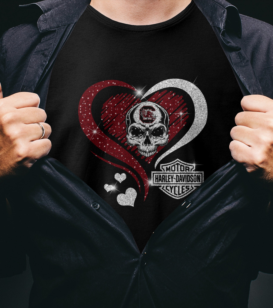 Ncaa South Carolina Gamecocks Skull Heart Harley Davidson Cycles T-Shirt