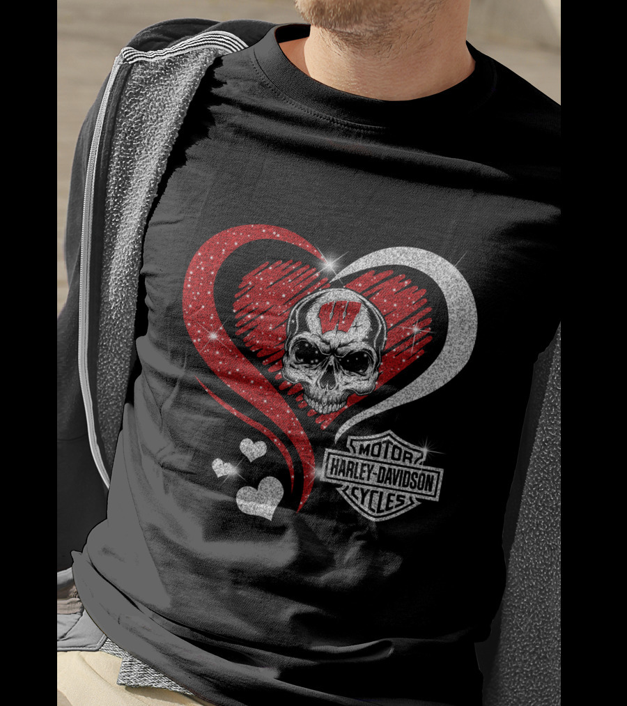 Ncaa Wisconsin Badgers Harley Davidson Skull Heart T-Shirt