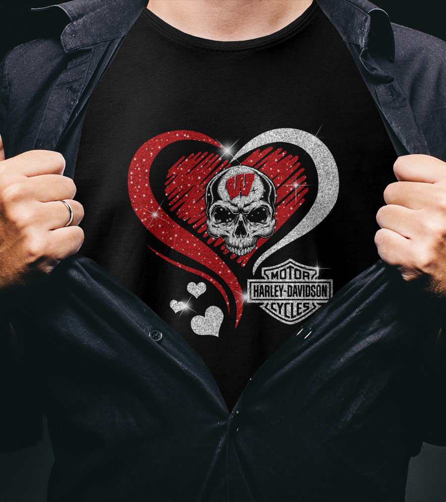 Ncaa Wisconsin Badgers Harley Davidson Skull Heart T-Shirt