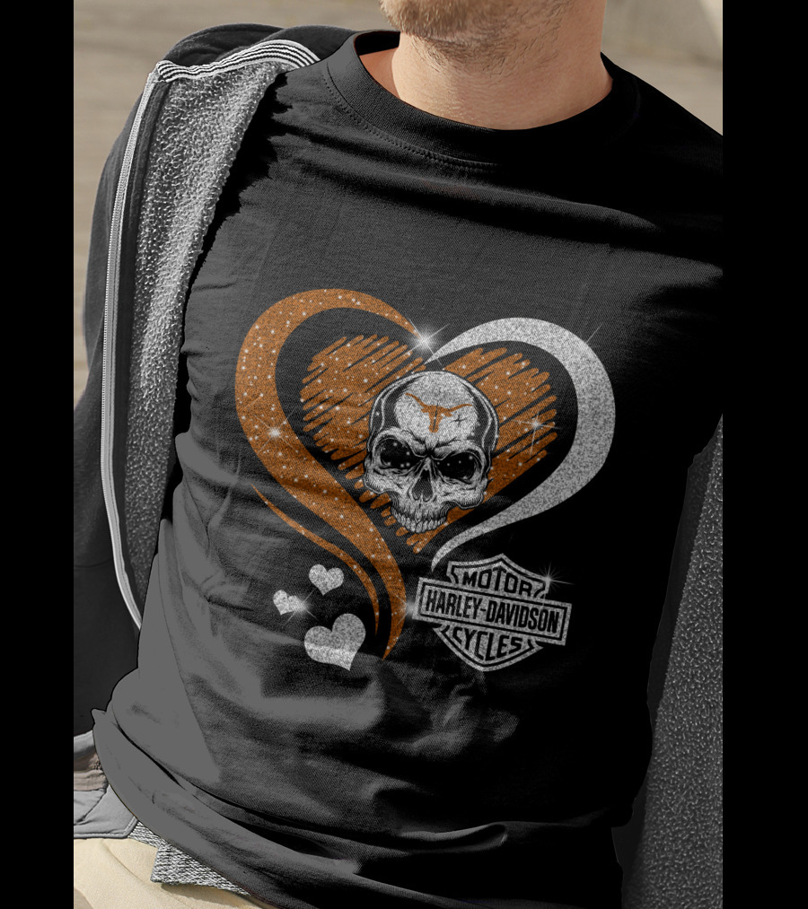 Ncaa Texas Longhorns Harley Davidson Skull Heart T-Shirt