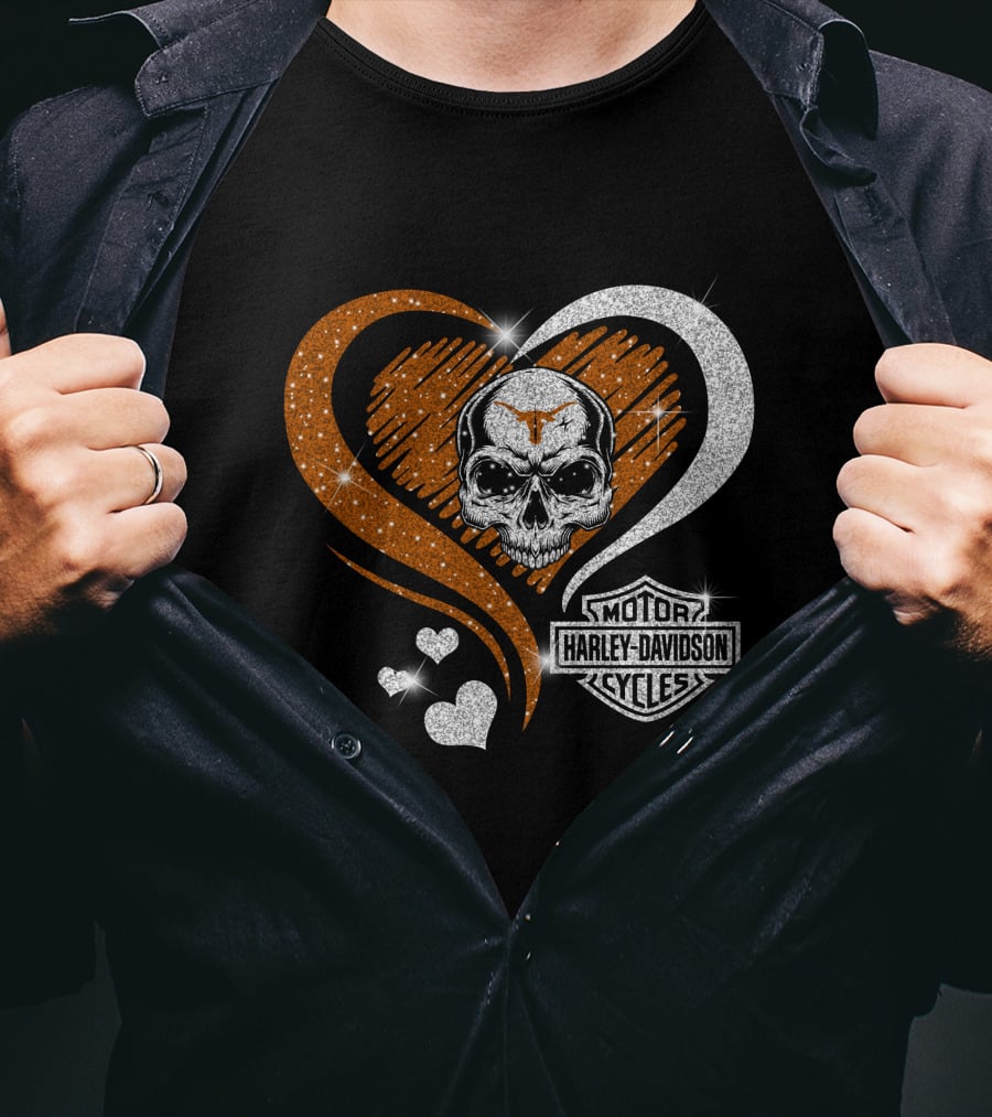 Ncaa Texas Longhorns Harley Davidson Skull Heart T-Shirt