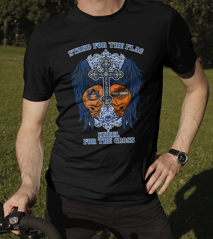 Stand For The Flag Kneel For The Cross Auburn Tigers Harley Davidson Skulls Cross Wings T-Shirt