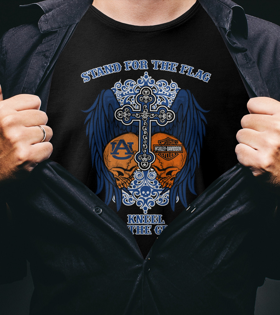 Stand For The Flag Kneel For The Cross Auburn Tigers Harley Davidson Skulls Cross Wings T-Shirt