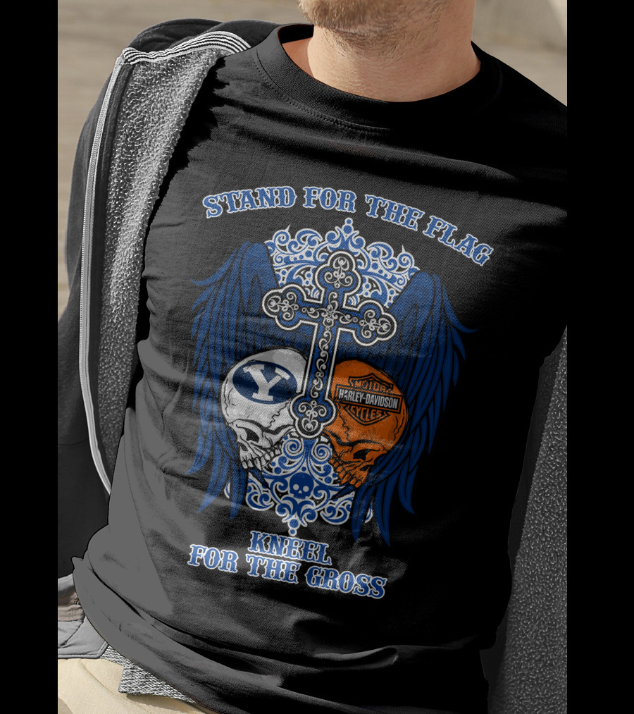 Stand For The Flag Kneel For The Cross Byu Cougars Harley Davidson Skulls T-Shirt