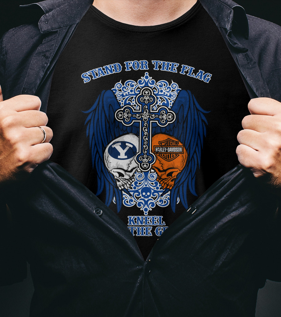 Stand For The Flag Kneel For The Cross Byu Cougars Harley Davidson Skulls T-Shirt