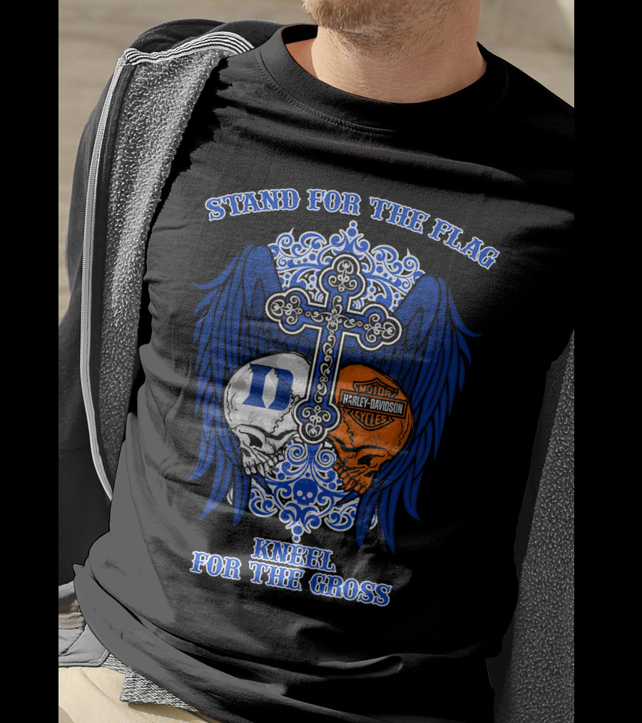 Stand For The Flag Kneel For The Cross Duke Blue Devils Harley Davidson Skulls Cross Wings T-Shirt