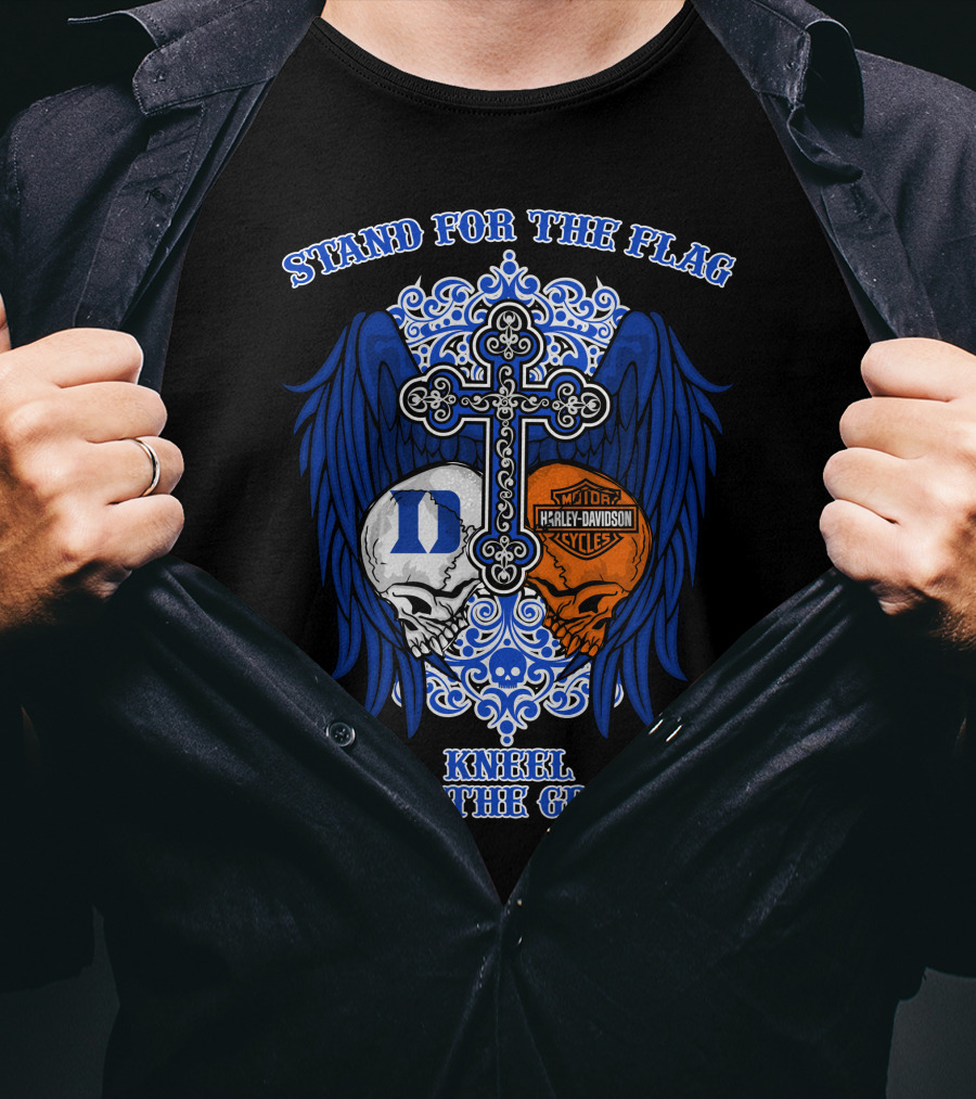Stand For The Flag Kneel For The Cross Duke Blue Devils Harley Davidson Skulls Cross Wings T-Shirt