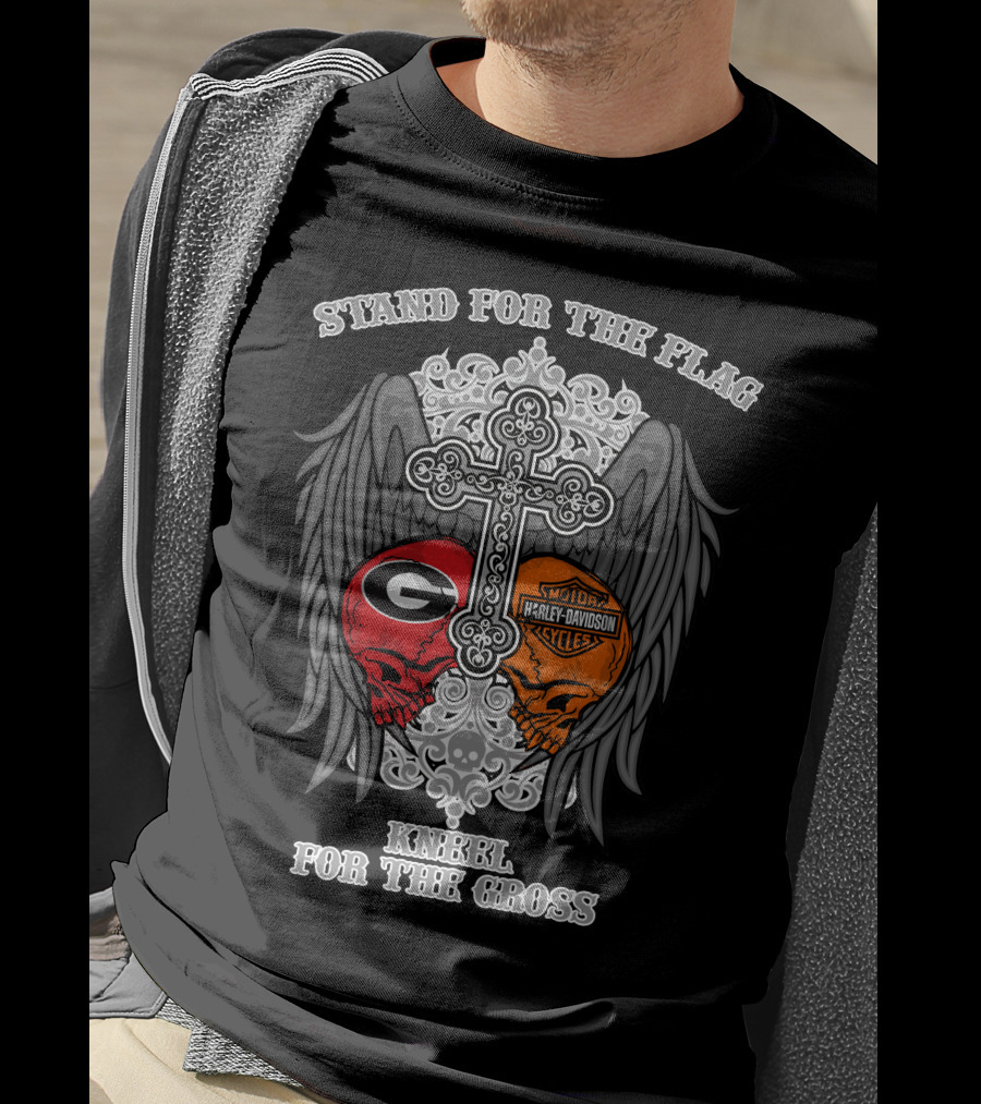 Stand For The Flag Kneel For The Cross Georgia Bulldogs Harley Davidson Skulls T-Shirt