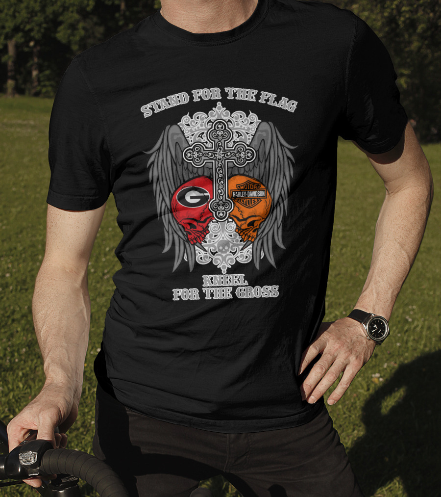 Stand For The Flag Kneel For The Cross Georgia Bulldogs Harley Davidson Skulls T-Shirt