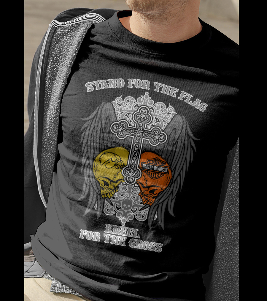 Stand For The Flag Kneel For The Cross Harley Davidson Iowa Hawkeyes Skulls T-Shirt