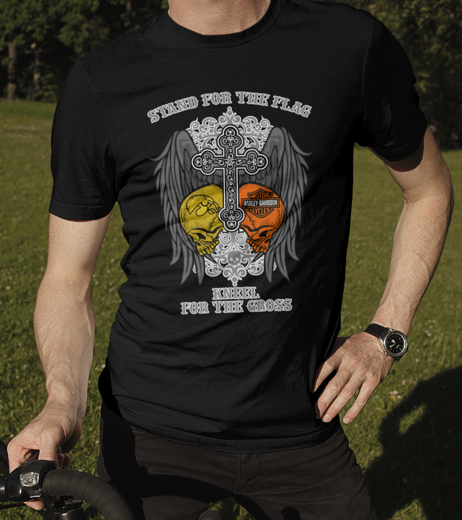 Stand For The Flag Kneel For The Cross Harley Davidson Iowa Hawkeyes Skulls T-Shirt