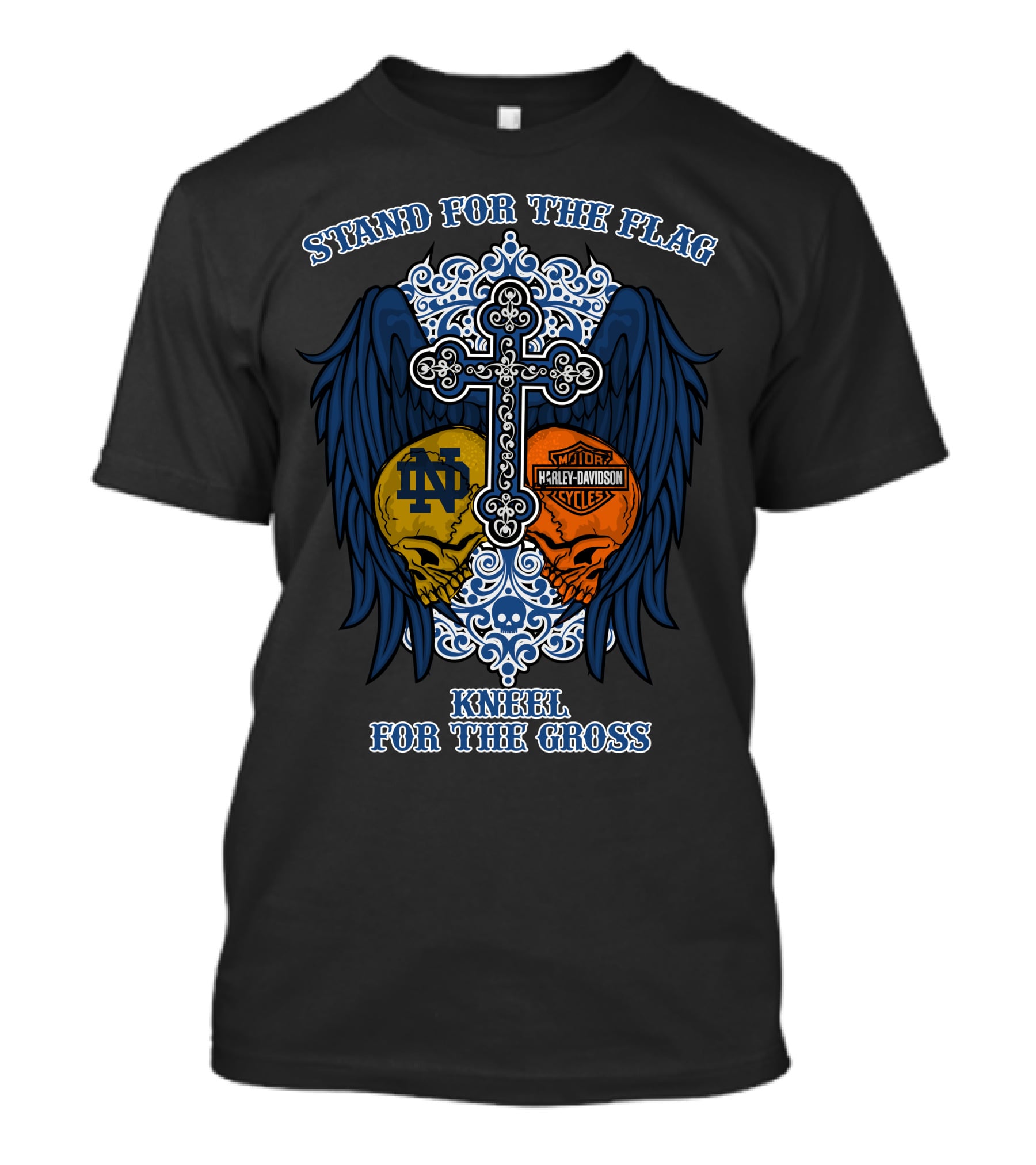 Stand For The Flag Kneel For The Cross Hl Flag 2707 Notre Dame Fighting Irish Harley Davidson Skulls T-Shirt