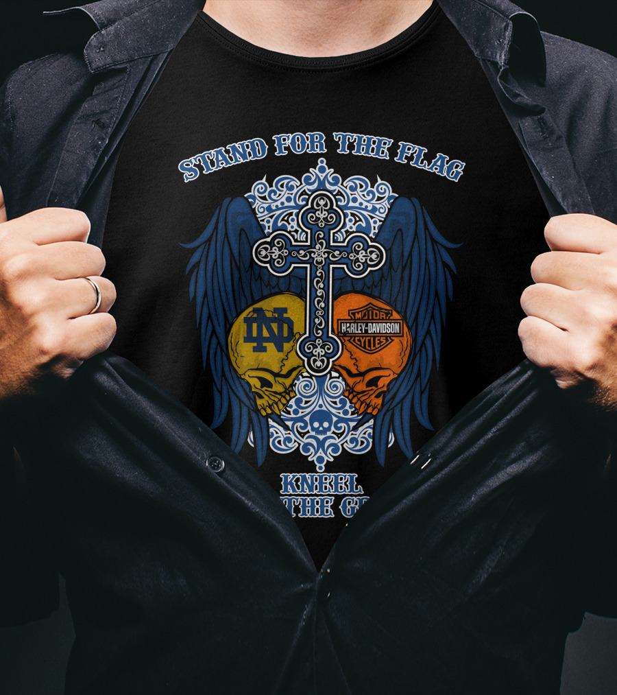 Stand For The Flag Kneel For The Cross Hl Flag 2707 Notre Dame Fighting Irish Harley Davidson Skulls T-Shirt
