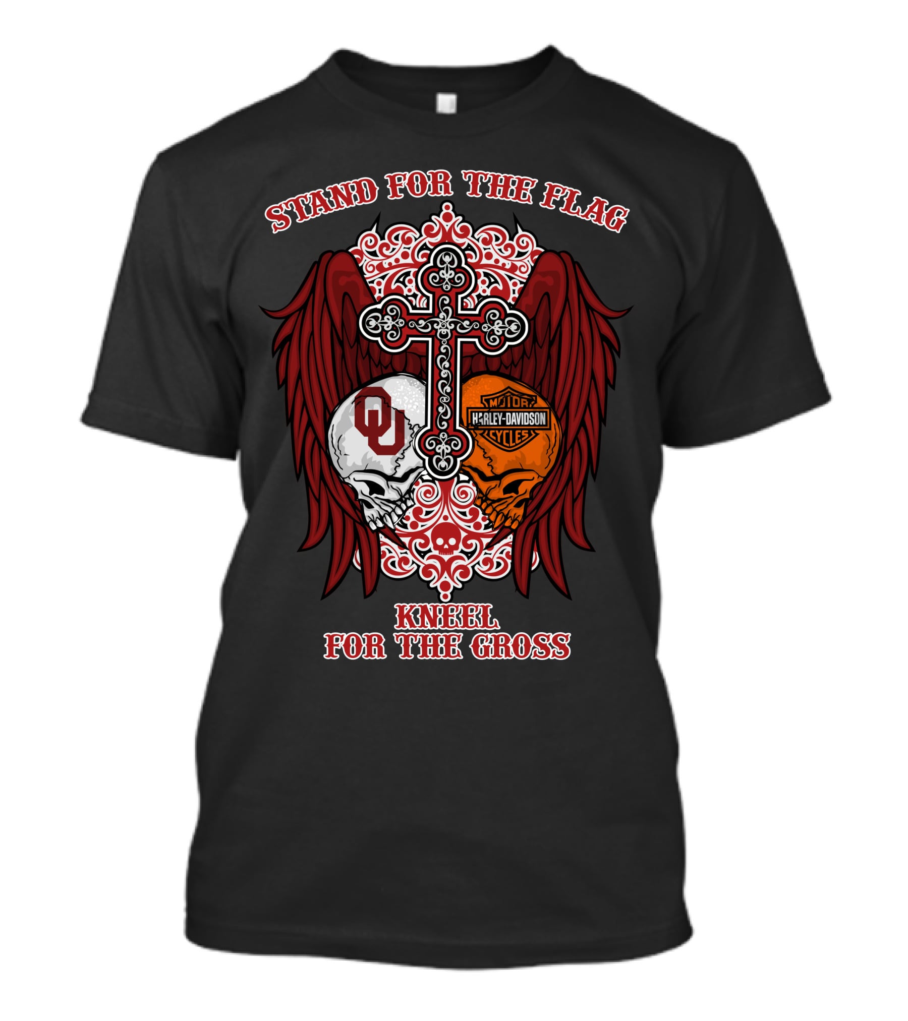 Stand For The Flag Kneel For The Cross Ou Harley Davidson Skulls And Cross T-Shirt