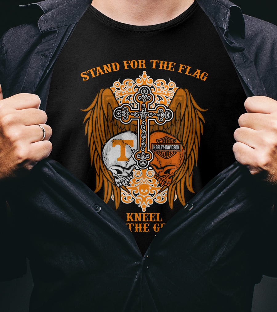 Stand For The Flag Kneel For The Cross Harley Davidson Tennessee Volunteers Skulls T-Shirt