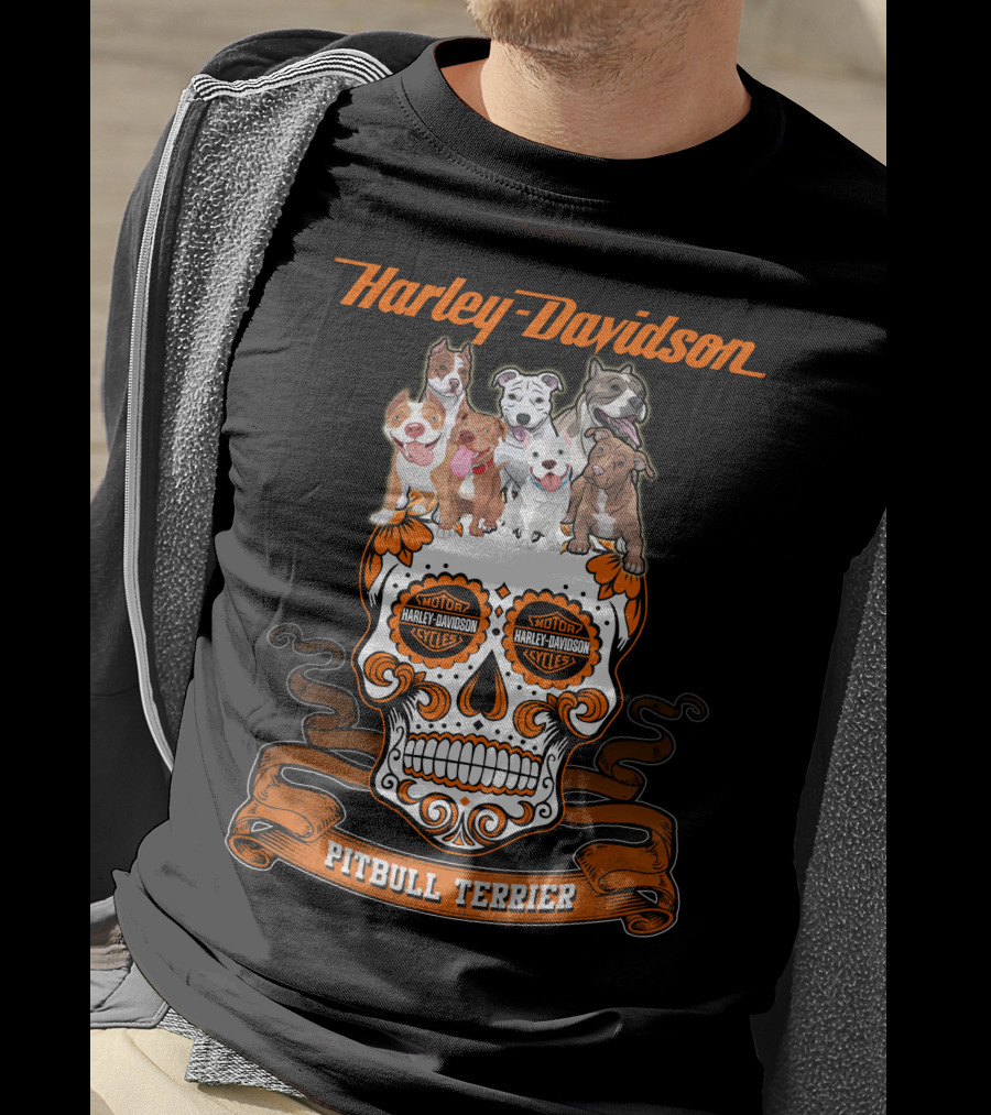 Harley Davidson Pitbull Terrier Motorcycle Cycles Skull T-Shirt