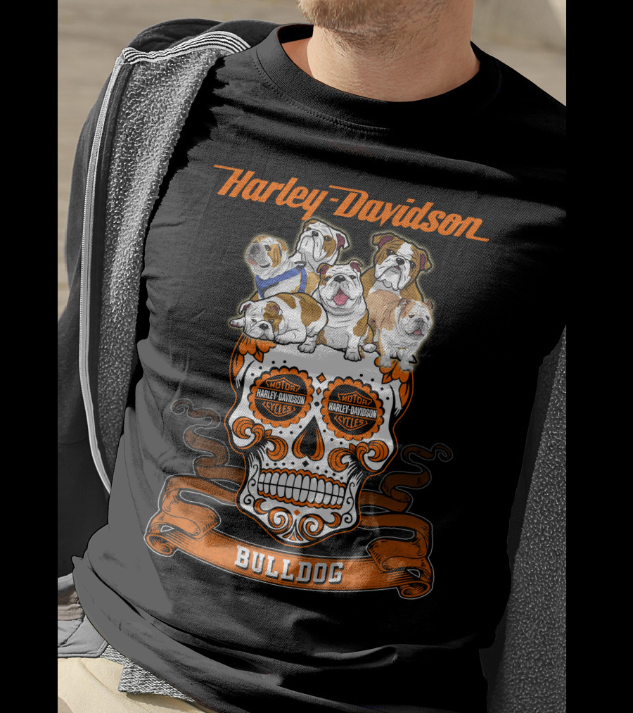 Harley Davidson Bulldog Skull Motif With Bulldogs T-Shirt