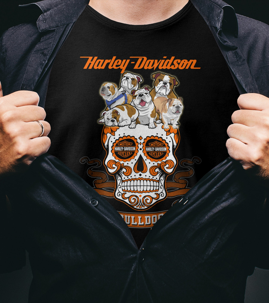 Harley Davidson Bulldog Skull Motif With Bulldogs T-Shirt