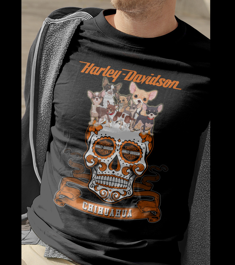 Harley Davidson Chihuahua Skull With Motorcycles And Cute Dogs T-Shirt