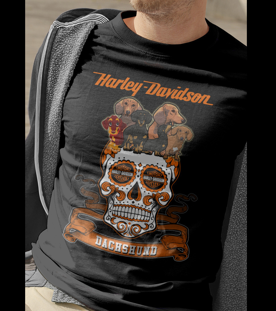 Harley Davidson Dachshund Skull With Motorcycles And Dachshunds T-Shirt
