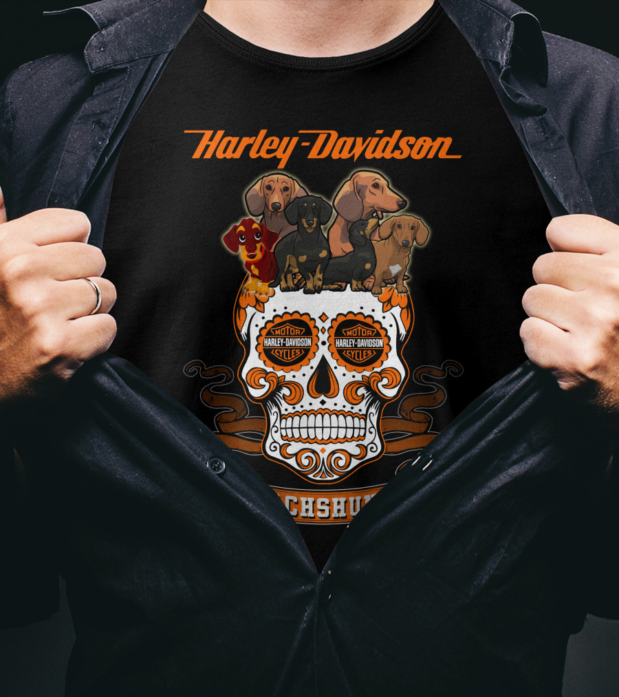 Harley Davidson Dachshund Skull With Motorcycles And Dachshunds T-Shirt