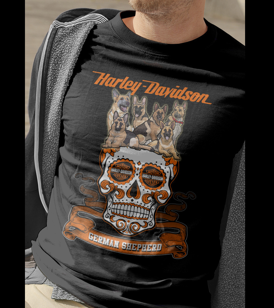 Harley Davidson German Shepherd Skull Motif T-Shirt