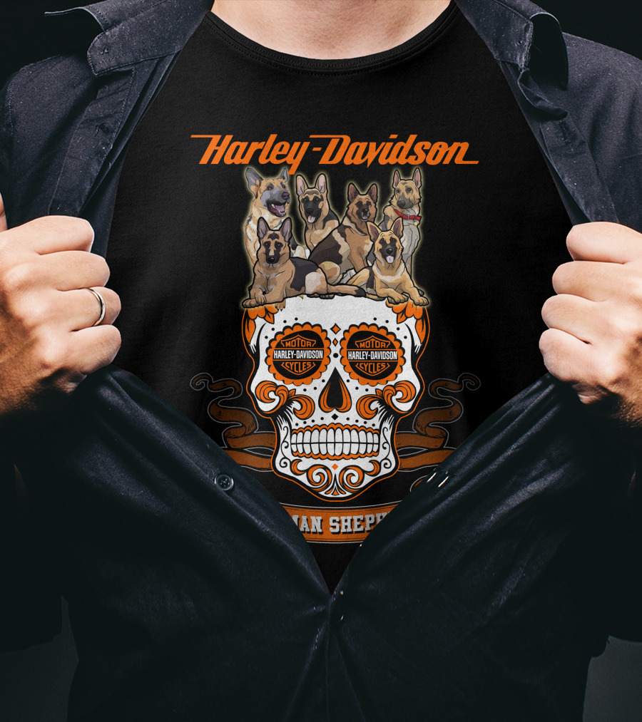 Harley Davidson German Shepherd Skull Motif T-Shirt