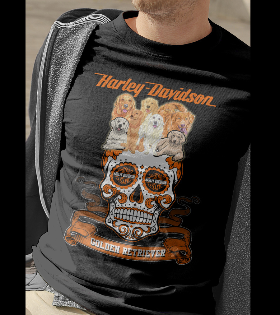 Harley Davidson Golden Retriever Skull Motif T-Shirt