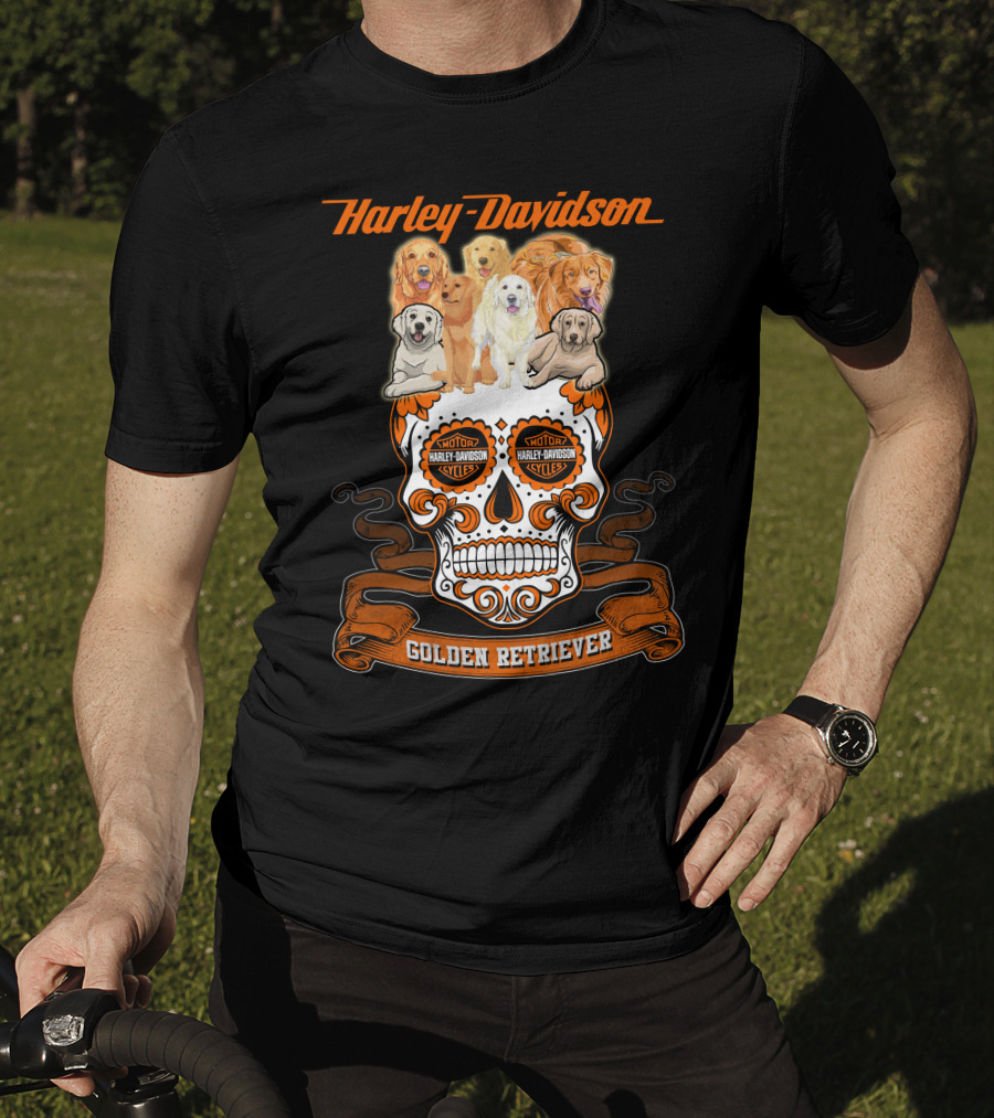 Harley Davidson Golden Retriever Skull Motif T-Shirt