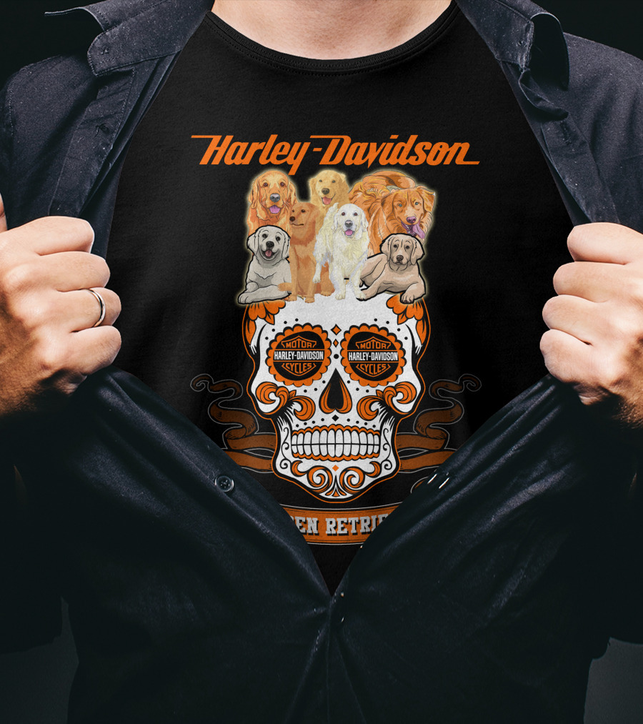 Harley Davidson Golden Retriever Skull Motif T-Shirt
