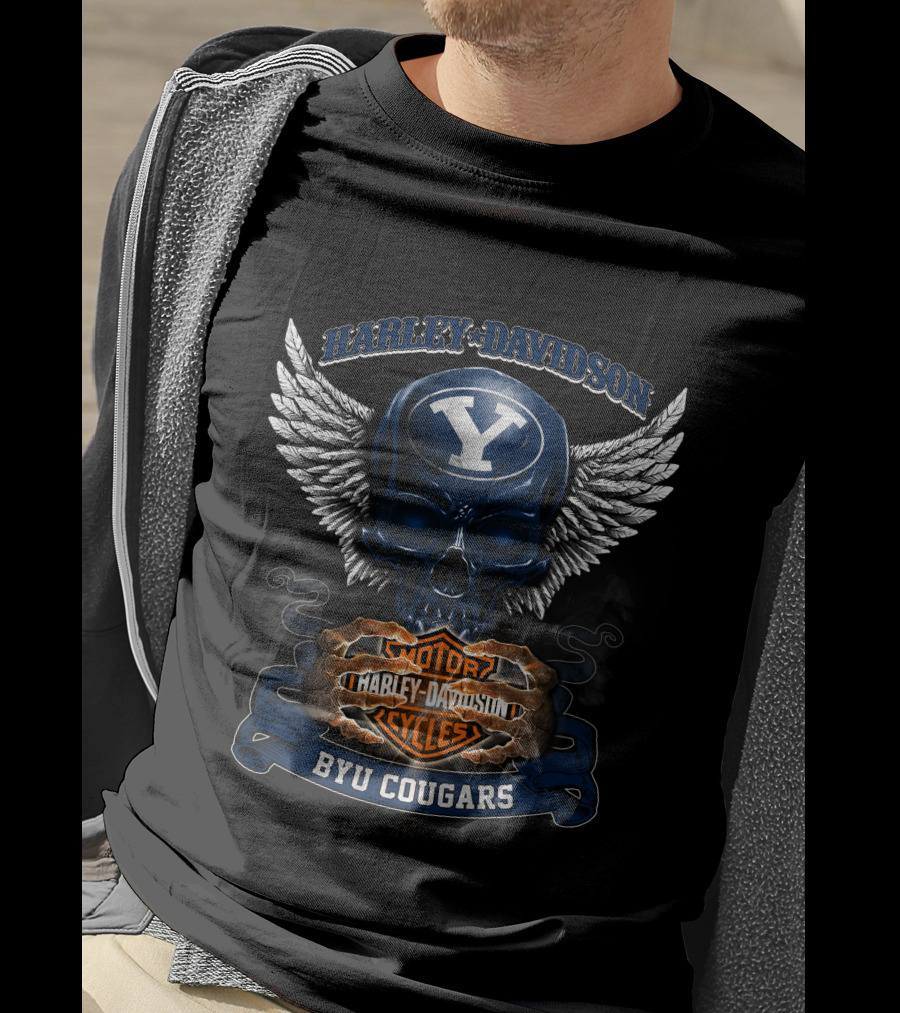 Harley Davidson Byu Cougars Y Skull Wings Motor Cycles T-Shirt