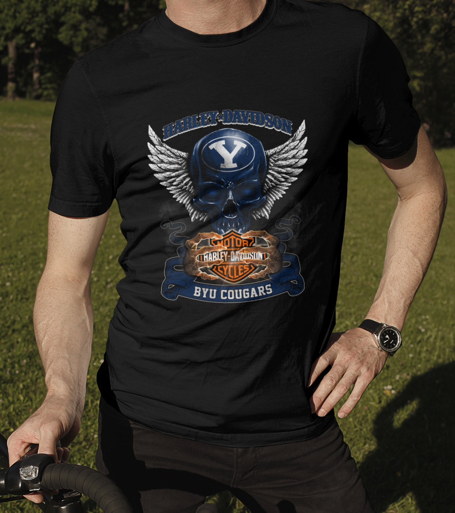 Harley Davidson Byu Cougars Y Skull Wings Motor Cycles T-Shirt