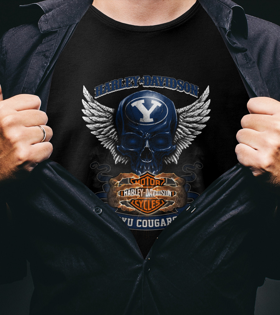 Harley Davidson Byu Cougars Y Skull Wings Motor Cycles T-Shirt