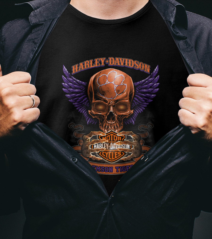 Harley Davidson Clemson Tigers Motorcycles Skull Wings T-Shirt