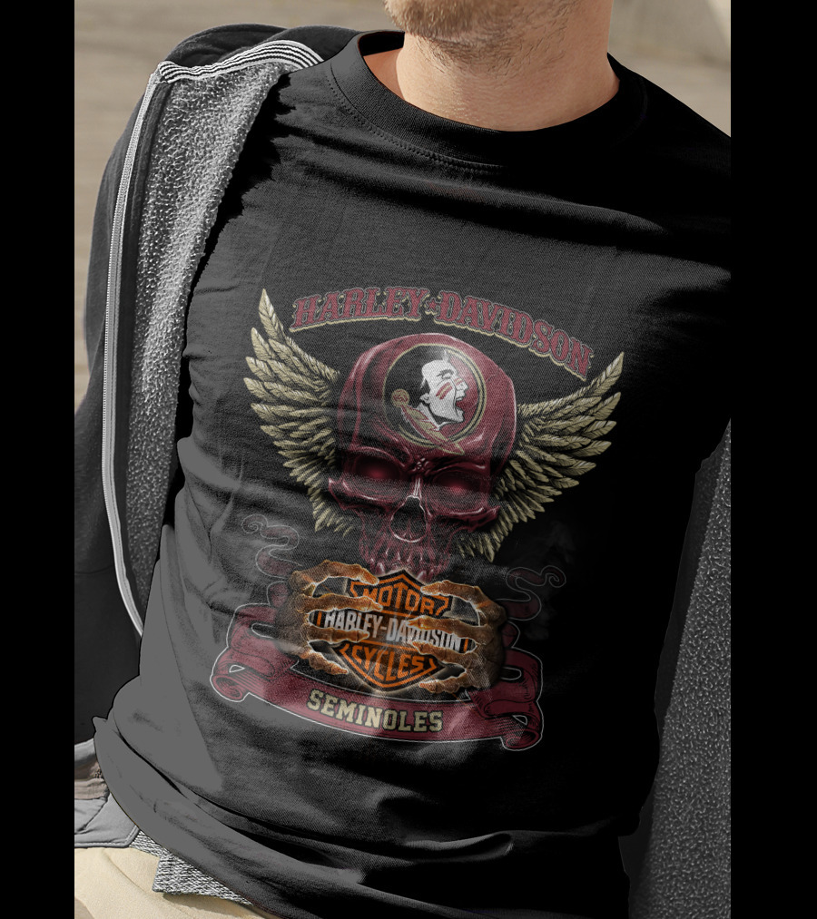 Harley Davidson Seminoles Skull With Florida State Motor Cycles Wings T-Shirt