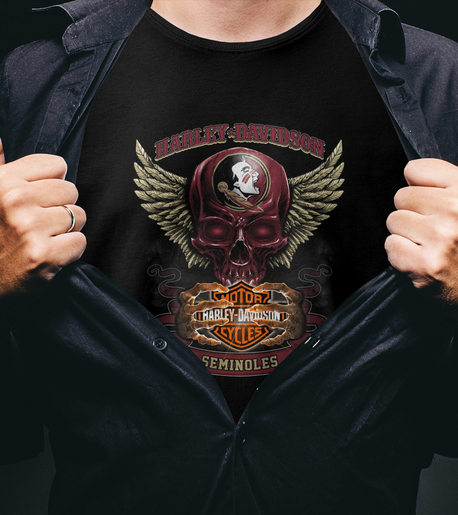 Harley Davidson Seminoles Skull With Florida State Motor Cycles Wings T-Shirt