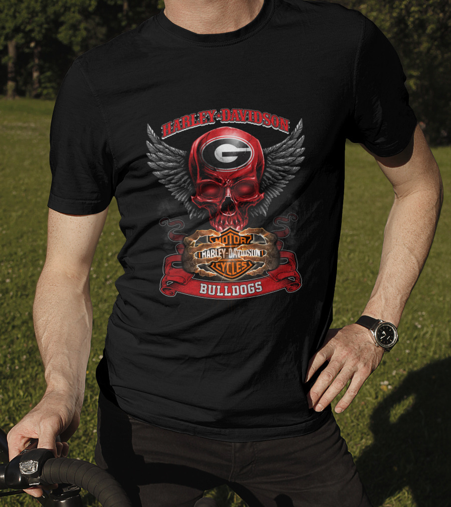 Harley Davidson Georgia Bulldogs Motorcycles Skull Wings T-Shirt