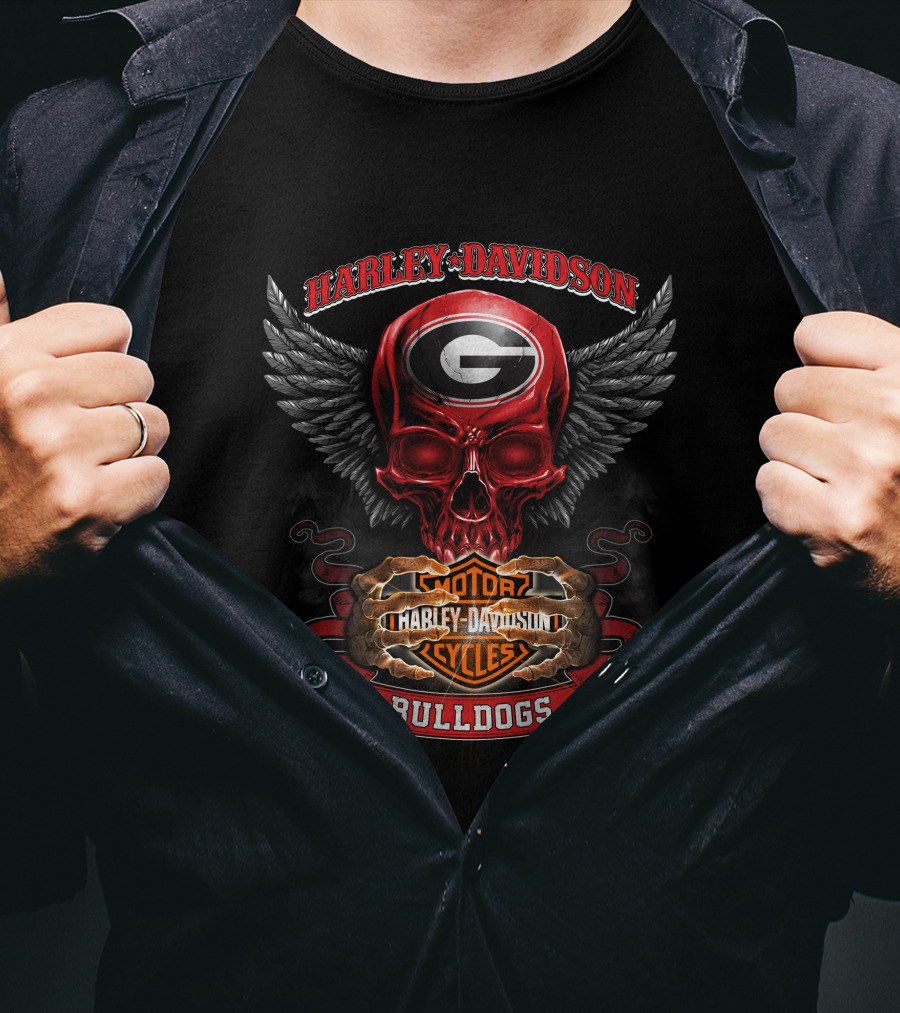 Harley Davidson Georgia Bulldogs Motorcycles Skull Wings T-Shirt